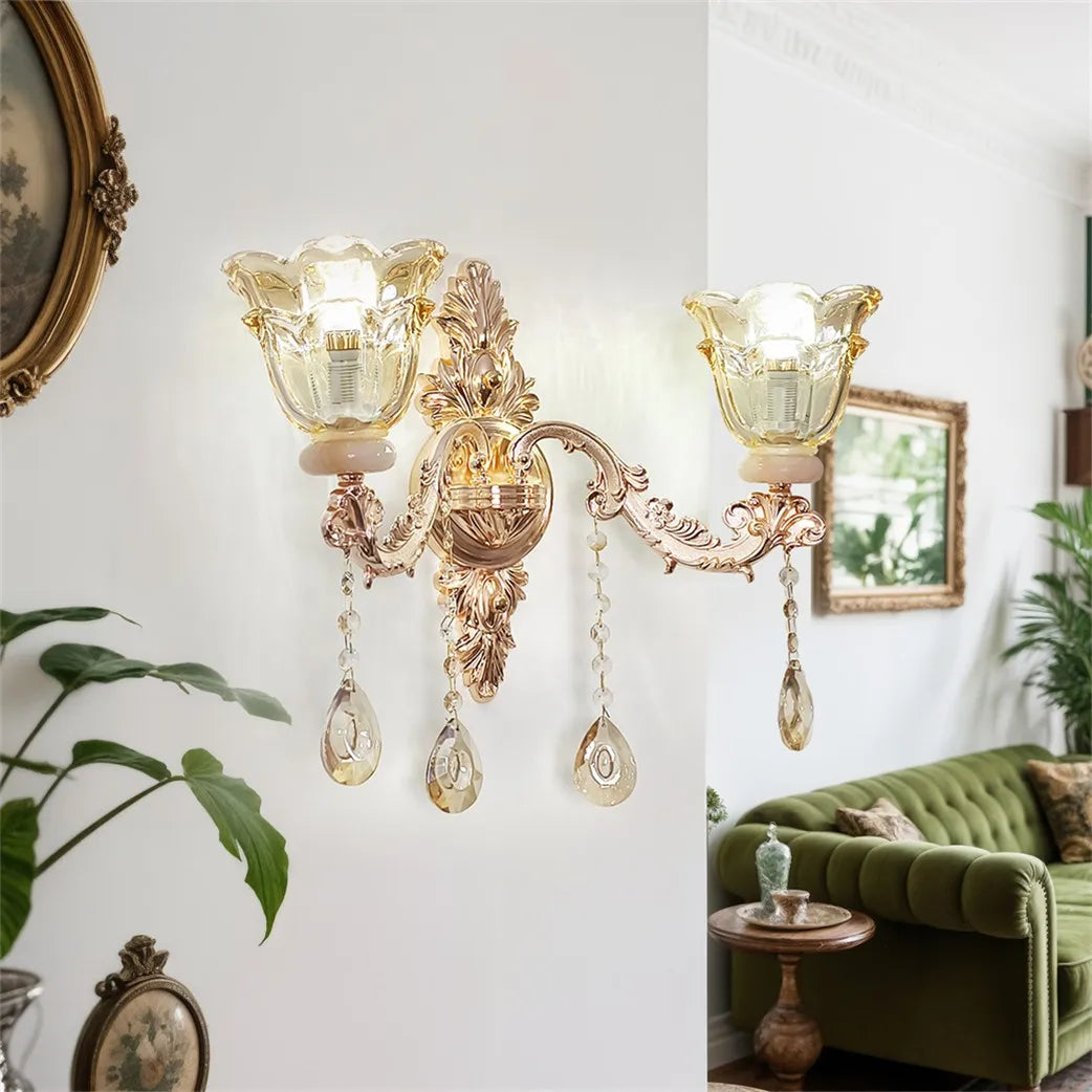 KAILISE™ Antique Gold Floral Crystal Wall Sconce