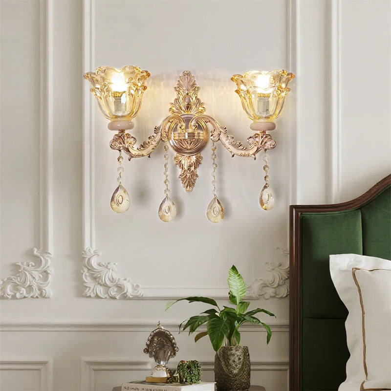 KAILISE™ Antique Gold Floral Crystal Wall Sconce